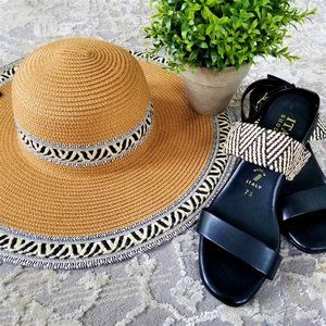 Straw Sun Hat. Tan with Black & Beige Printed Raffia. Silver Trim.